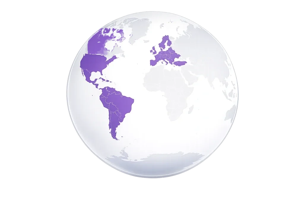 Globo mostrando a cobertura da maviePulse: América do Norte, América Latina e Europa
